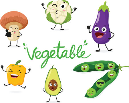 Cartoon funny Vegetable, cauliflower, mushrooms, eggplant, yellow pepper, green peas and avocado, set of Cute characters, Isolated on white background