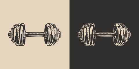 Set of vintage retro barbell. Gym fit powerlifting bodybuilding inspirational strong life power motivation. Graphic Art. style
