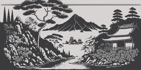 VIntage retro engraving style  Japan Asian juji mountain with trees nature wild landscape. Background outdoor adventure vibe. Graphic Art Vector