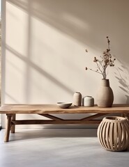 Home mockup in a modern beige room interior, inspired by Scandinavian style, 3D render. Made with Generative AI technology