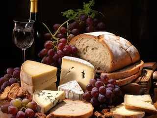 Still life with grapes, wine, cheese and bread. Autumn still life.