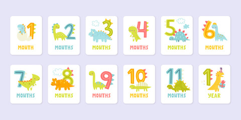 Set of dino cards with numbers for a newborn by months. Dinosaurs tag monthly collection for babies. - obrazy, fototapety, plakaty