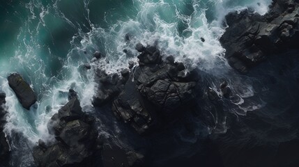 Ocean waves and rocks, sea beautiful background, top view. Generative AI