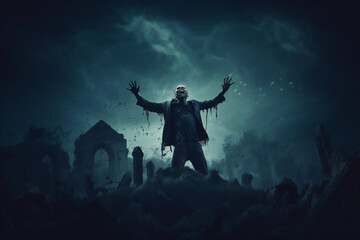 Obraz na płótnie Canvas Zombie Hand Rising Out Of A Graveyard In Spooky Night, Halloween Backdrop. Ai Generative