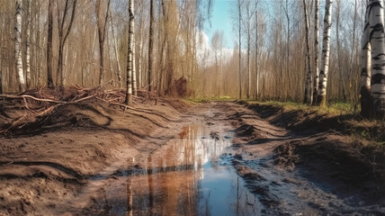 Early spring in a birch grove, Melting snow and puddles on the road in the forest. Generative Ai