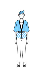 正面を向いた笑顔の夏祭りの法被を着た女性