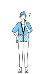 疑問を持って首をかしげる夏祭りの法被を着た女性