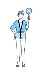 不正解を示す×の棒を持つ夏祭りの法被を着た女性