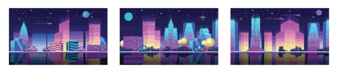 Cyberpunk neon city night. Futuristic city scene in a style of pixel art. Pixel art game background. Street in a cyberpunk city. Pixel art set illustration of cityscape at night with skyscrapers