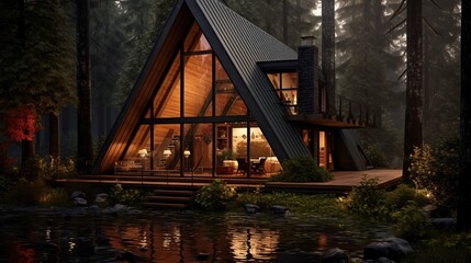 Atmospheric A-frame house in a dark forest. Generative AI