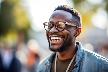 Happy satisfied black people man wearing glasses portrait outside. Generative Ai