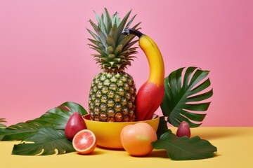 Illustration of a colorful fruit bowl with pineapple, oranges, and other fruits arranged in an artistic display, created using generative AI