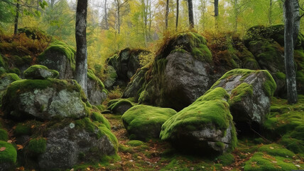 Closeup shot of a big stone covered with a green moss in the forest. Generative Ai
