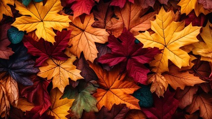 Naklejka na ściany i meble Multicolored autumn leaves, texture. Generative AI