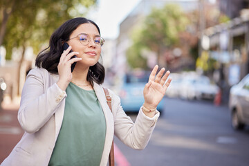 Phone call, taxi and woman in the street, communication or wave with connection, talking or hailing cab service. Female person, outdoor or girl with a smartphone, mobile app or commute with network