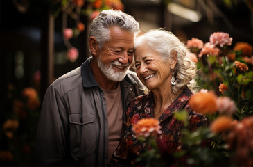 Fototapeta premium retired couple, hugging each other with smiles on their faces, situated in an outdoor setting