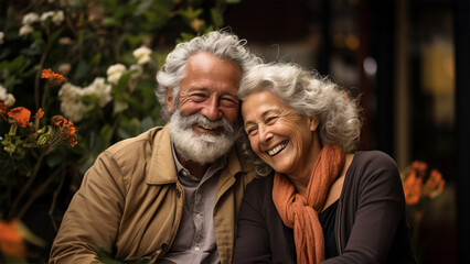 retired couple, hugging each other with smiles on their faces, situated in an outdoor setting
