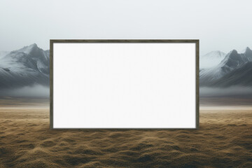 Blank picture wooden frame standing in the field in front of the cloudy mountainous background. Conceptual horizontal poster mockup.