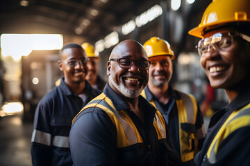 Group of workers engineer teamwork people mix race in standing confident selective focus at center man