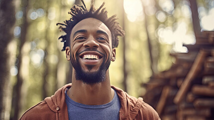 Fototapeta premium Happy satisfied black people man portrait outside. Generative Ai