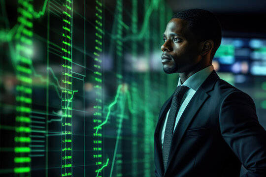African American trader next to a stock market screen late in the evening. Generative AI.