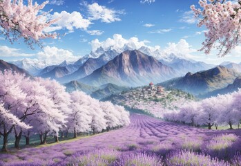 Blooming lavender and sakura against the backdrop of mountains