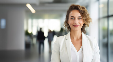 business woman smiles confidently into camera, stands in modern bright office of a company - subject career, woman power, boss, success