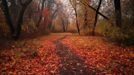 Autumn in the park, Red yellow leave and A path in the park with fallen leaves. Generative Ai