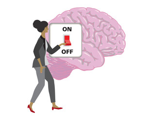 Woman switching off a brain. AI, artificial intelligence development, psychology, mental health, burn out. Isolated. Vector illustration.