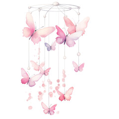 Baby girl crib mobile with delicate butterflies, transparent background, watercolor style, baby shower Generative AI