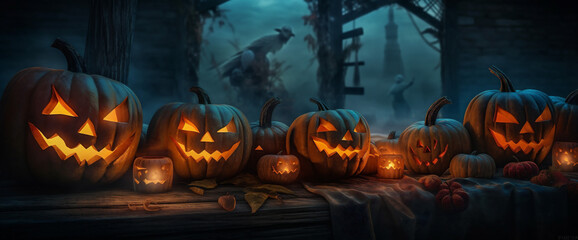 pumpkin horror mystery night evil halloween jack-o-lantern fear table blue background. Generative AI.