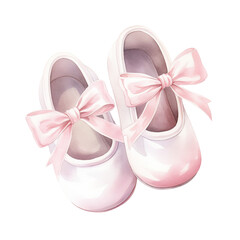 Baby girl's first pair of soft and cute shoes, transparent background, watercolor style, baby shower. Generative AI