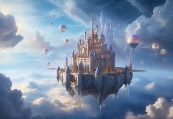Floating citadel kingdom with cloud sky background - obrazy, fototapety, plakaty