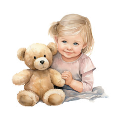 Baby girl's first stuffed animal companion, transparent background, watercolor style, baby shower. Generative AI