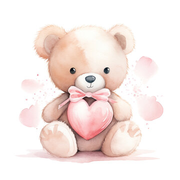 Baby girl's first teddy bear with a heart-shaped tag, transparent background, watercolor style, baby shower. Generative AI