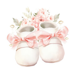 Sweet baby booties with floral watercolor accents, transparent background, watercolor style, baby shower Generative AI