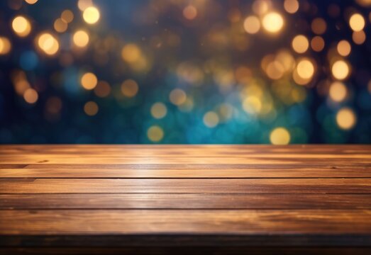 Empty wooden table with blurred studio background 