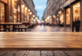 Empty wooden table with blurred street background - Powered by Adobe