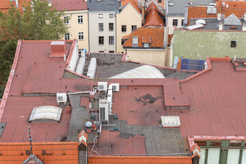 view of air-conditioning installations. Aerial View of Old City of Torun.  Historical Buildings of the Medieval City.