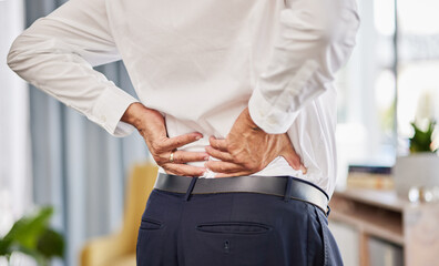 Man, office and back pain with injury or stress from accident or tired muscle with bone problem....