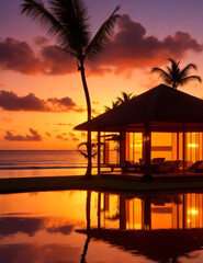 A tranquil bungalow illuminated by a vibrant Caribbean sunset, its silhouette creating a mesmerizing reflection. Generative AI