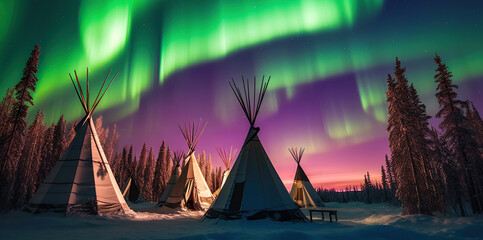 Teepees Amidst the Aurora: Captivating Northern Lights Display. Generative AI