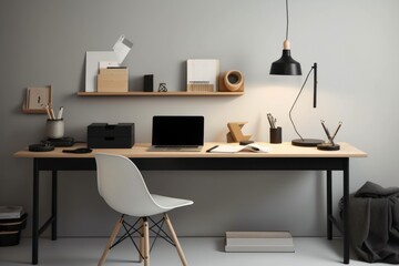 Illustration of a desk with a chair and a laptop on it, created using generative AI