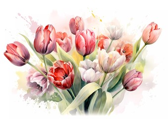 A bouquet of tulips with watercolor splashes. Generative AI