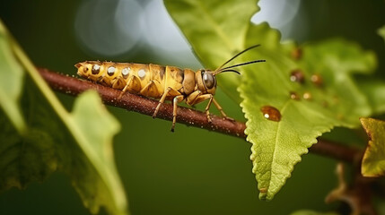 Caterpillar Bedstraw Hawk Moth crawls on a branch during the rain. Generative AI