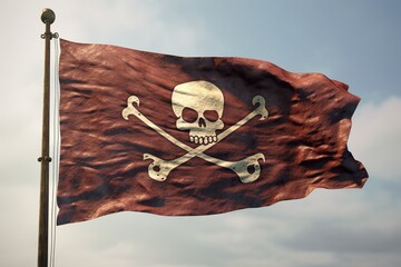 beautiful brown pirate flag with skull and bones, illustration, generative ai