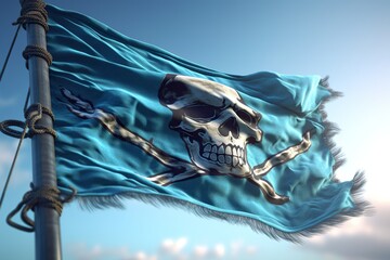 beautiful cyan pirate flag with skull and bones, illustration, generative ai