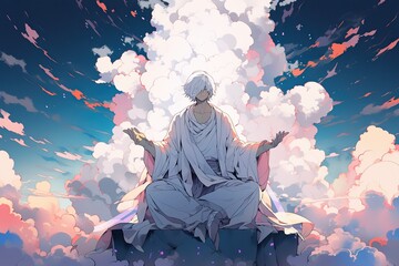 young white hairs guru master anime version, illustration, generative ai