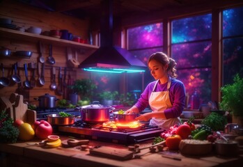 Cooking in a neon color wood kitchen