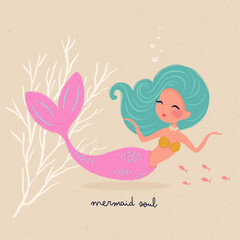 Cute mermaid illustration, vector illustration for kids fashion artworks, children books, greeting cards.